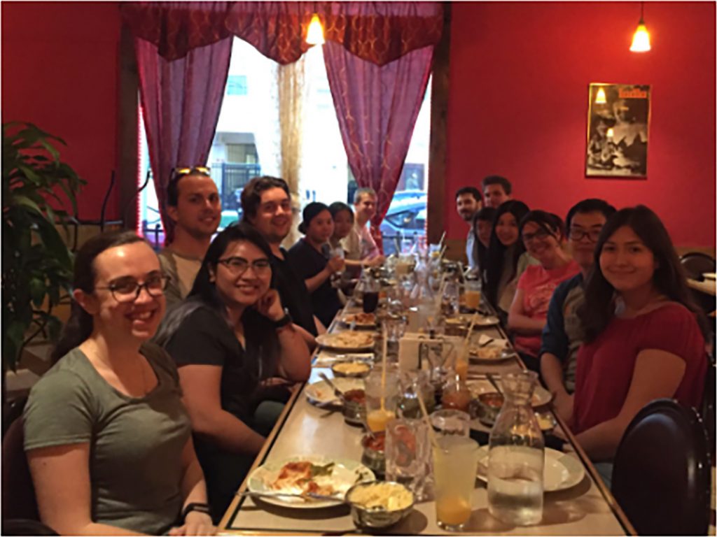 Murphy Group farewell meal to summer 2019 undergraduates - Kathy, James, and Jennifer.